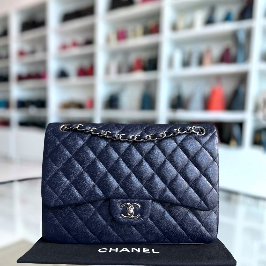 Chanel Classic Flap Jumbo - Togo/epsom/caviar/clemence/callfskin/cowhide/lambskin Double Flap 30CM Quilted Grained CalBNkin Dark Navy Blue Silver Hardware Series 19