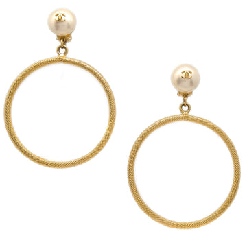 Chanel Hoop Earrings Gold Artificial Pearl Clip-On 97P