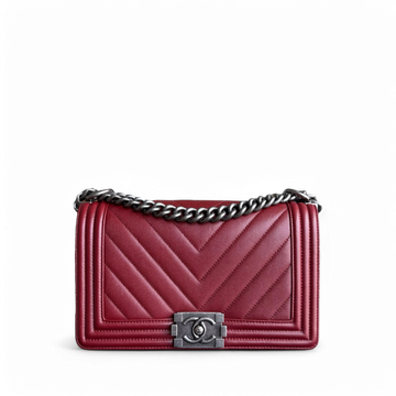Chanel Boy Medium - Togo/epsom/caviar/clemence/callfskin/cowhide/lambskin 25CM Chevron Dark Red Burgundy Ruthenium Silver Hardware Series 24