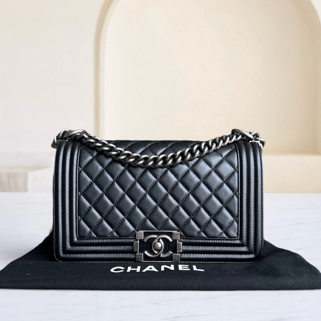 Chanel Boy Medium - 25CM Quilted CalBNkin Black Limited Edition Ruthenium Silver Hardware Series 20