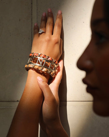 Pearl Street Bags Chanel "We Need Tweed" Bangle in Champagne Gold Hardware with Leather Detail
