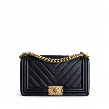 Chanel Boy Medium - Togo/epsom/caviar/clemence/callfskin/cowhide/lambskin 25CM Chevron Black Gold Hardware Series 26