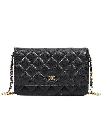 Classic Wallet On Chain Crossbody Bag Grained CalBNkin Gold Black Chanel