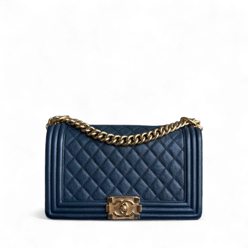 Chanel Boy Medium - Togo/epsom/caviar/clemence/callfskin/cowhide/lambskin 25CM Quilted Grained CalBNkin Blue Gold Hardware Series 23
