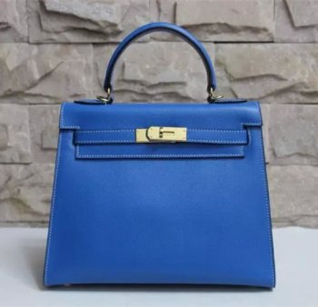Hermes Kelly 28cm Leather Leather Handbag Lake Blue Gold