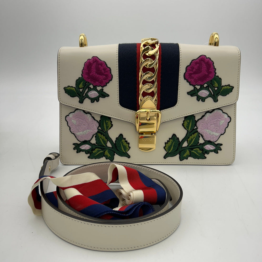 GUCCI Sylvie Shoulder Bag White Pink Multi Leather Floral Embroidery ITNS71BDBE3Q