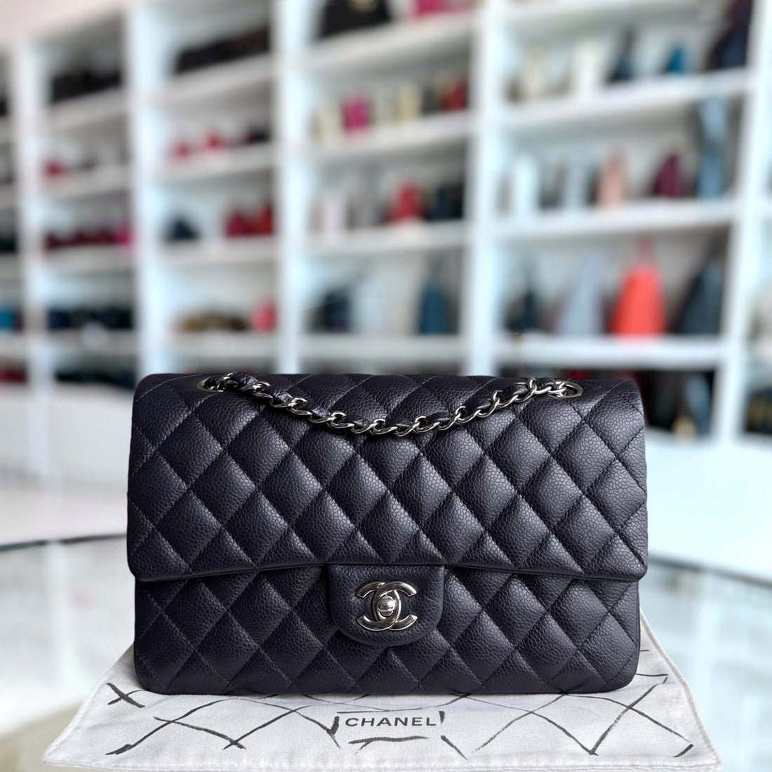 Chanel Classic Flap Medium - Togo/epsom/caviar/clemence/callfskin/cowhide/lambskin 25CM Quilted Dark Midnight Blue Silver Hardware Series 18
