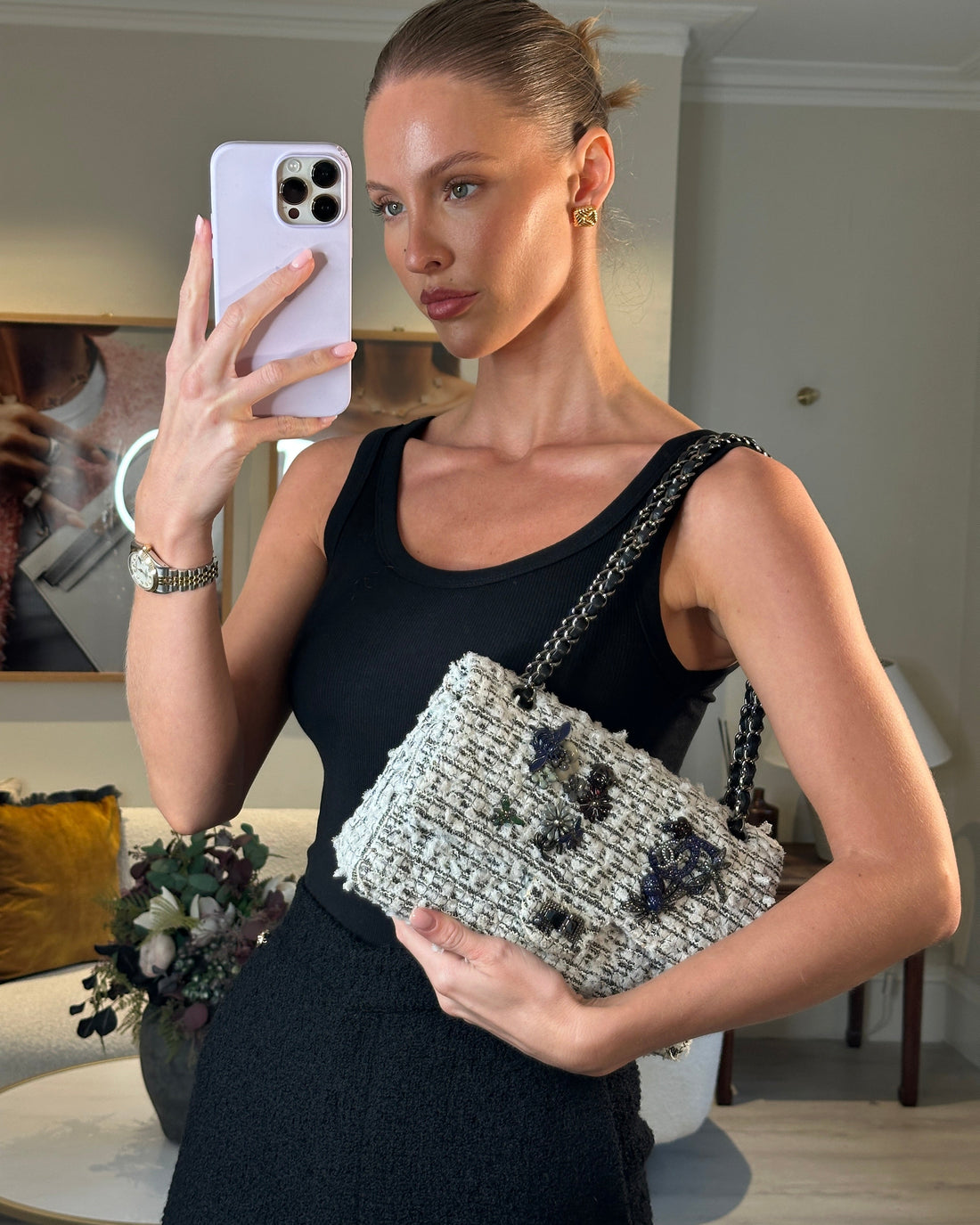Pearl Street Bags Chanel White and Black Tweed Medium Reissue Double Flap Bag with Embellished Detail and Gun-Metal Hardware RRP ¬£8,180