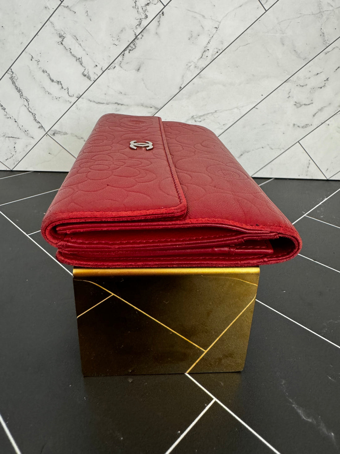 Chanel Red Lambskin Camellia Embossed Long Wallet