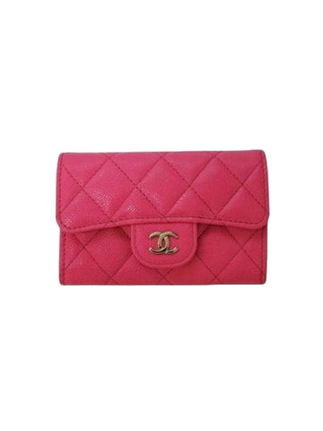 Classic Gold Logo Grained Shiny CalBNkin Card Wallet Fuchsia Chanel