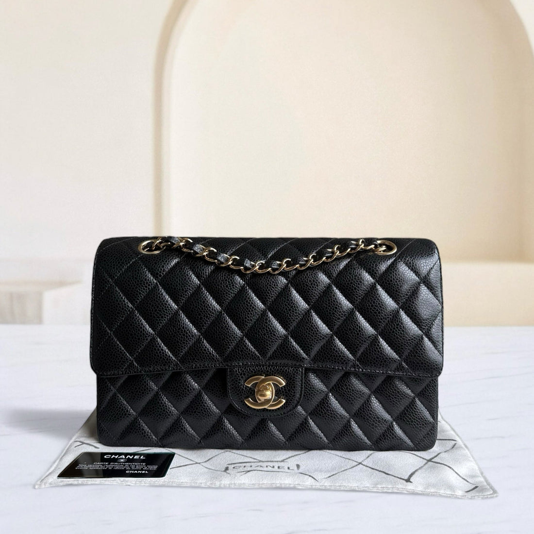 Chanel Classic Flap Medium - Togo/epsom/caviar/clemence/callfskin/cowhide/lambskin 25CM Quilted Grained CalBNkin Black Gold Hardware Series 24