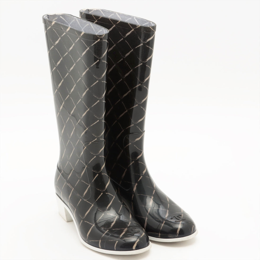 Chanel Coco Laver Rain Boots 35  Black x Beige Upper Inside Head Yogurt at