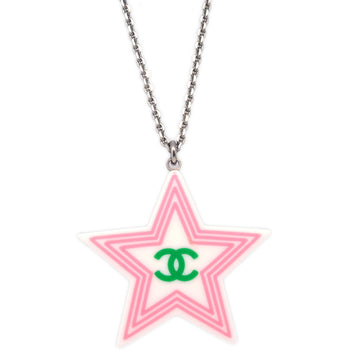 Chanel Star Chain Necklace Pendant Silver White 04C