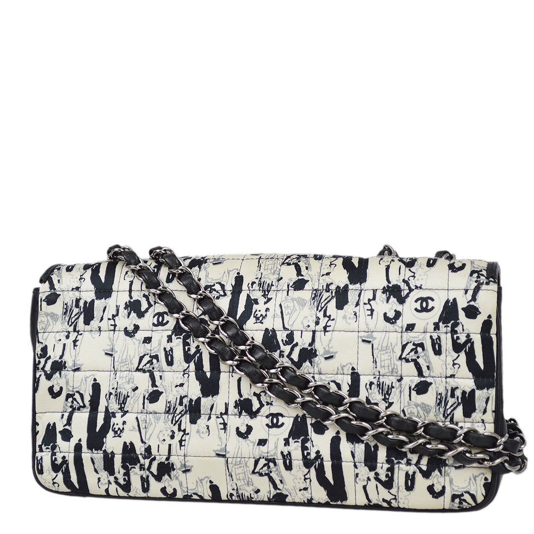 Chanel Black White Satin Straight Flap Mademoiselle Shoulder Bag