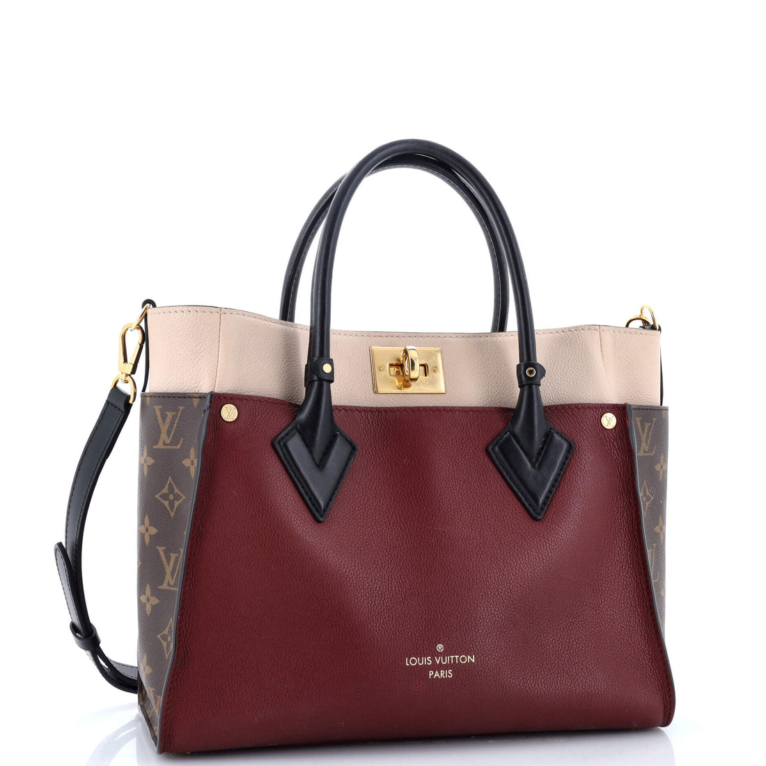 On My Side Tote Leather with Monogram Canvas MM
