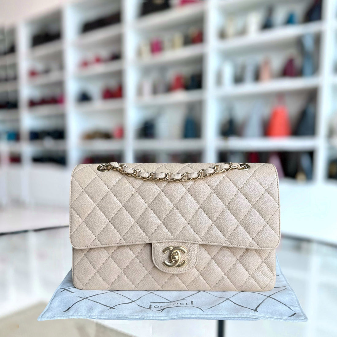Chanel Classic Flap Medium - Togo/epsom/caviar/clemence/callfskin/cowhide/lambskin 25CM Quilted Beige Gold Hardware Series 14
