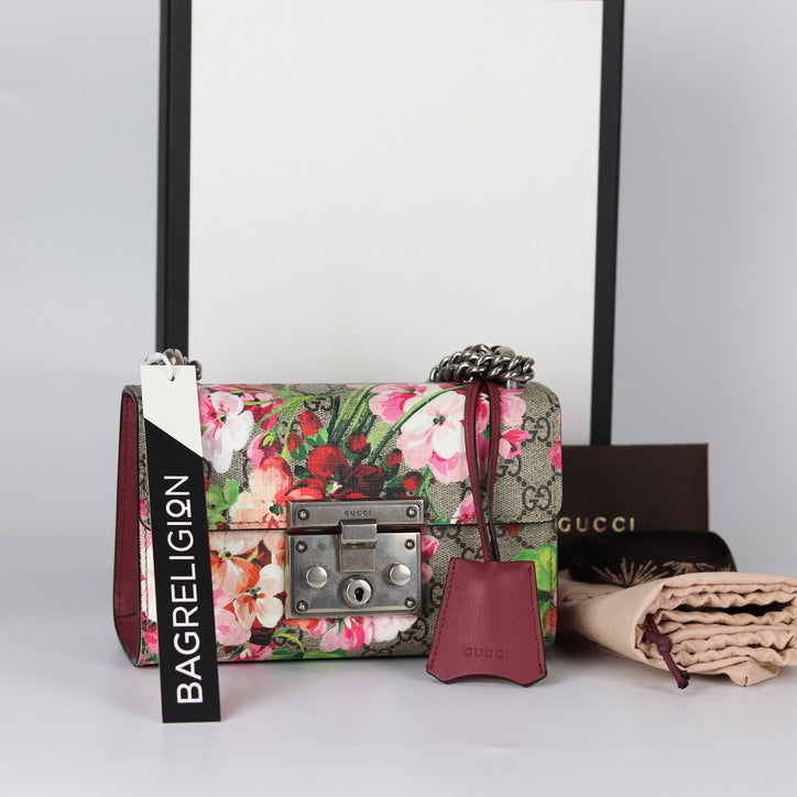 Gucci Small GG Supreme Monogram Blooms Padlock Shoulder Bag in  Antique Rose