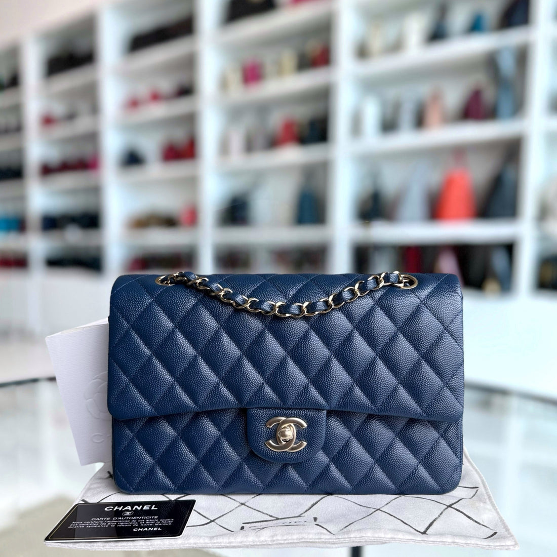Chanel Classic Flap Medium - Togo/epsom/caviar/clemence/callfskin/cowhide/lambskin 25CM Quilted Dark Blue Light Gold Hardware Series 27