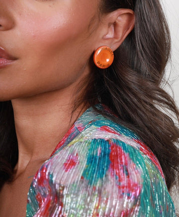 Pearl Street Bags Chanel 97P Orange Round Gold Logo Printed Button Clip-On Earrings