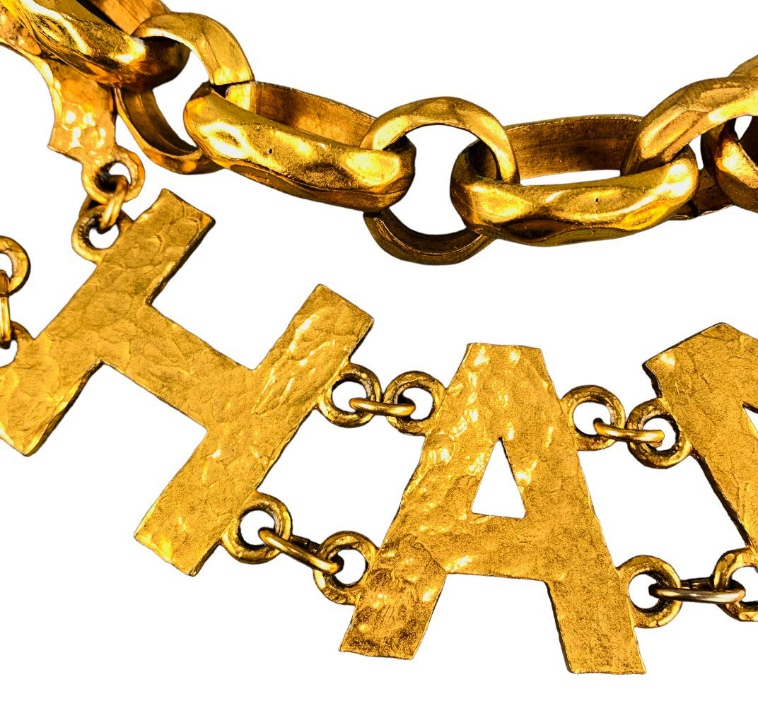 Chanel 1993  Gold Tone Hammered Metal Chain Letters Belt