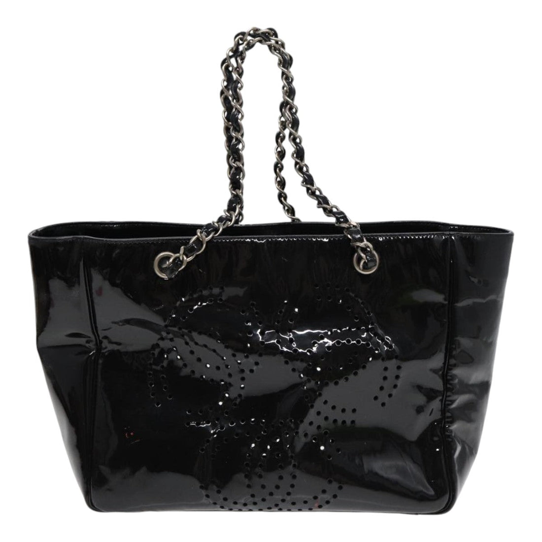 Top Quality Chanel Chain Tote Bag Patent leather Black Silver CC Auth 86039