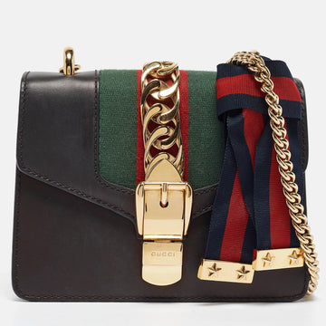 GUCCI Black Leather Mini Web Chain Sylvie Crossbody Bag