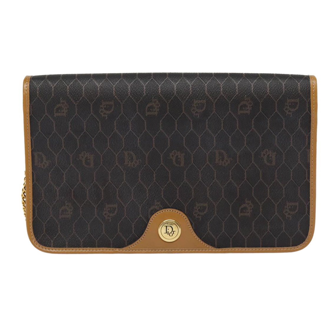 CHRISTIAN Top quality Dior Honeycomb Canvas Chain Shoulder Bag PVC Black Gold Auth 88668