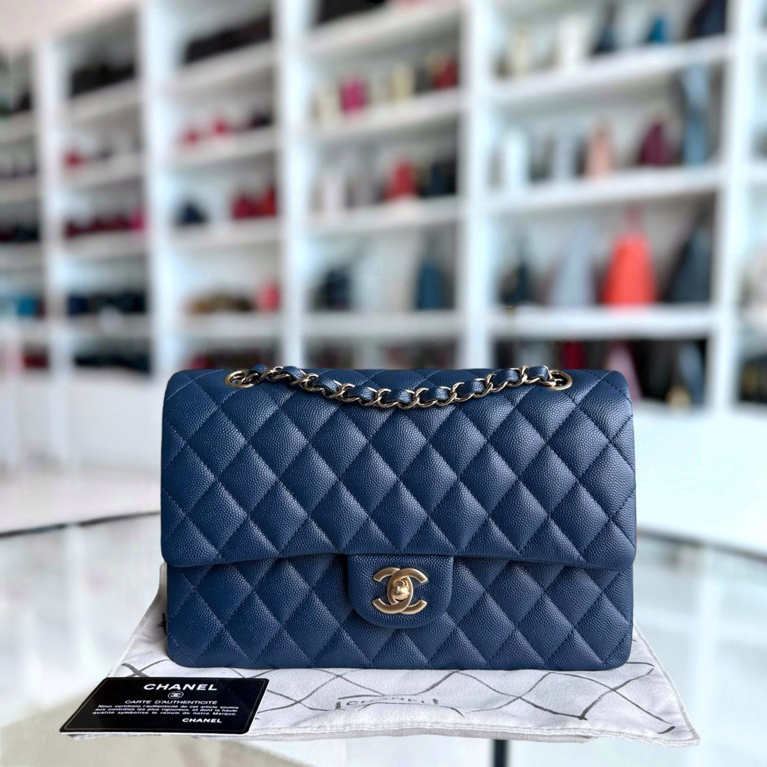 Chanel Classic Flap Medium - Togo/epsom/caviar/clemence/callfskin/cowhide/lambskin 25CM Quilted Dark Blue Gold Hardware Series 26