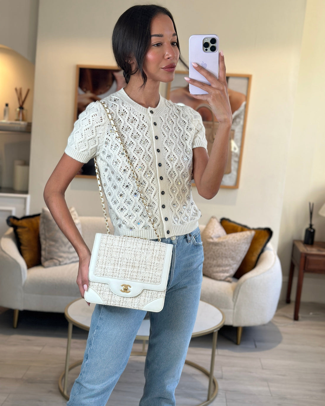 Pearl Street Bags Chanel Small White Tweed and Aged Calfskin Flap Bag with Brushed Gold Hardware