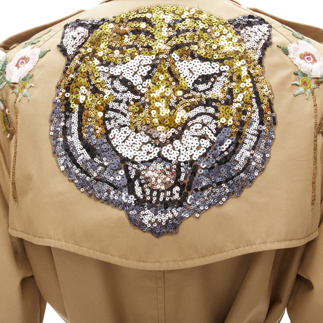 Gucci sequins tiger flower embroidery belted trench coat