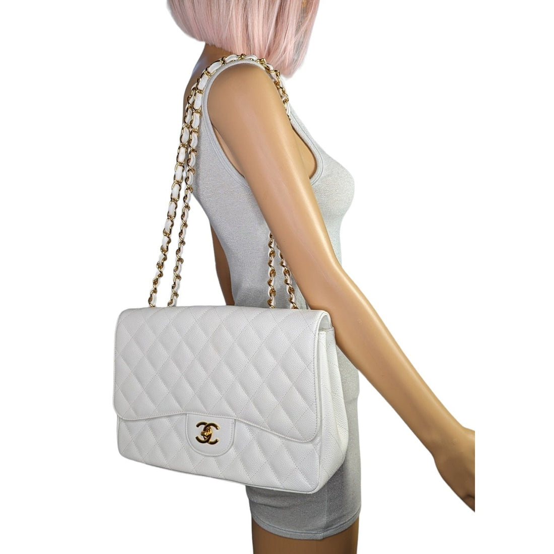 Chanel bags  Classic Quilted Caviar Single White Jumbo Flap