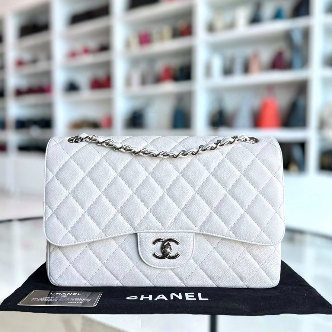Chanel Classic Flap Jumbo - Togo/epsom/caviar/clemence/callfskin/cowhide/lambskin Double Flap 30CM Quilted White Silver Hardware Series 14