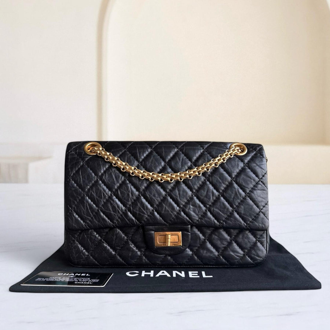 Chanel 2.55 Reissue 225 - 24CM Quilted Aged CalBNkin Black Gold Hardware Series 12