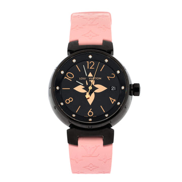 Tambour All Black Quartz Watch PVD Coated Stainless Steel and Monogram Rubber with Diamond Markers 34