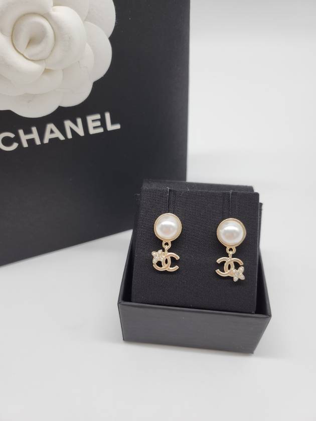 CC Logo Flower Pearl Drop Earrings Gold Chanel