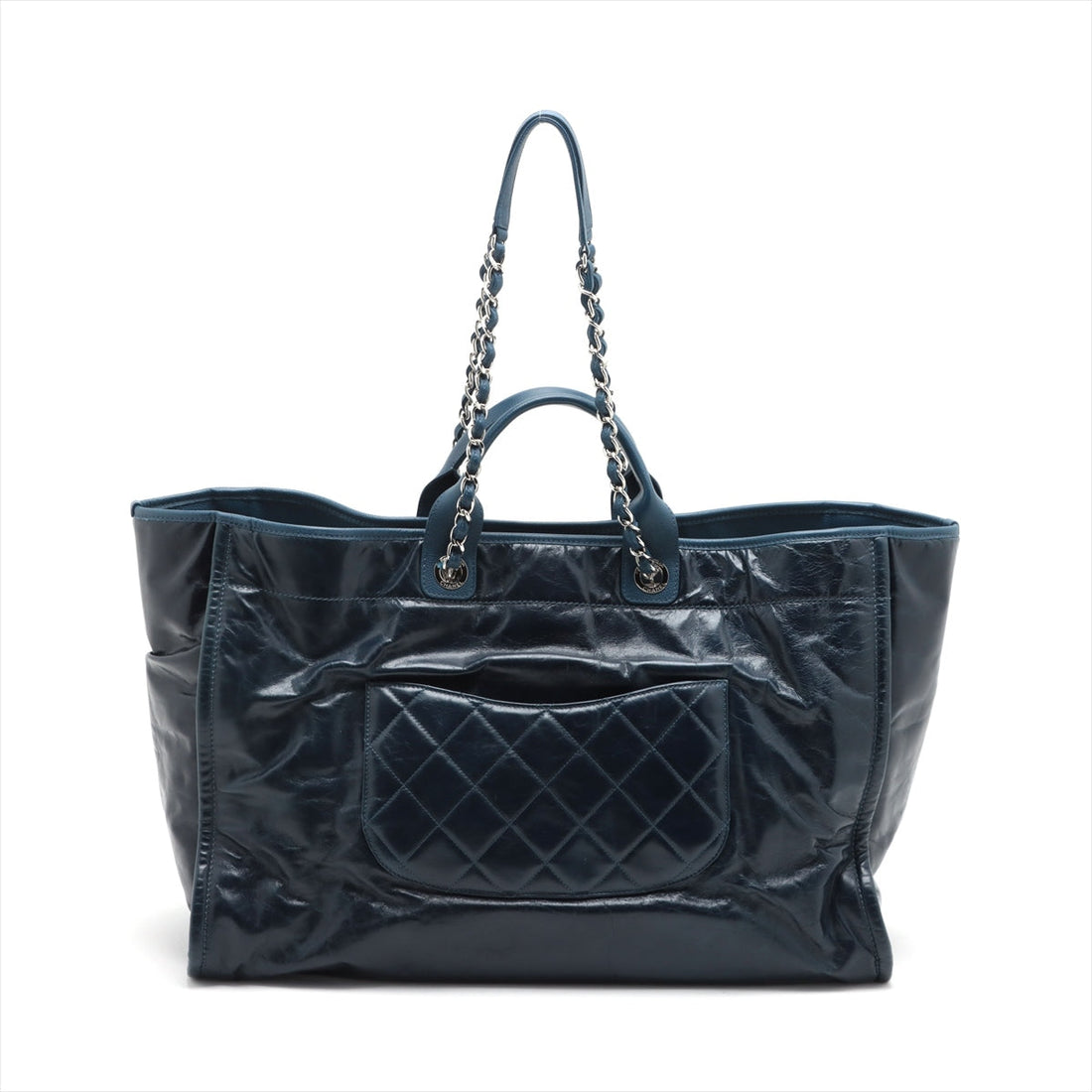 Chanel Deauville GM Leather Chaintot Bag Blue Silver Gold