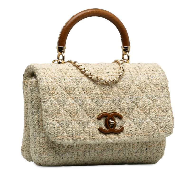 Chanel Coco Top Handle Chain Shoulder Bag White Multicolor Tweed Bamboo