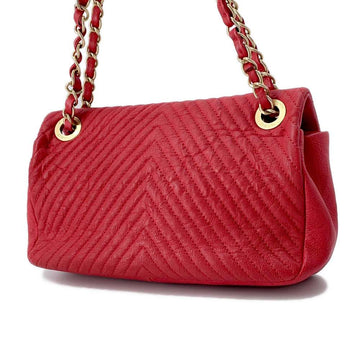 CHANEL Chevron Double Chain Shoulder Bag Red A92087 Leather