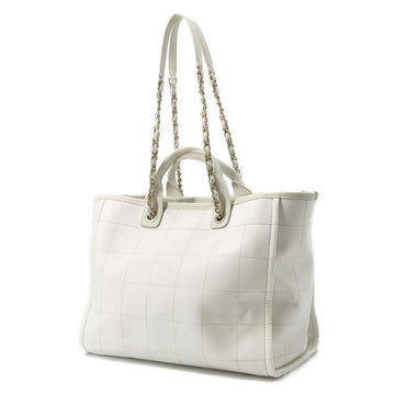 CHANEL Deauville Tote Bag White A66941 Canvas Leather Size GM
