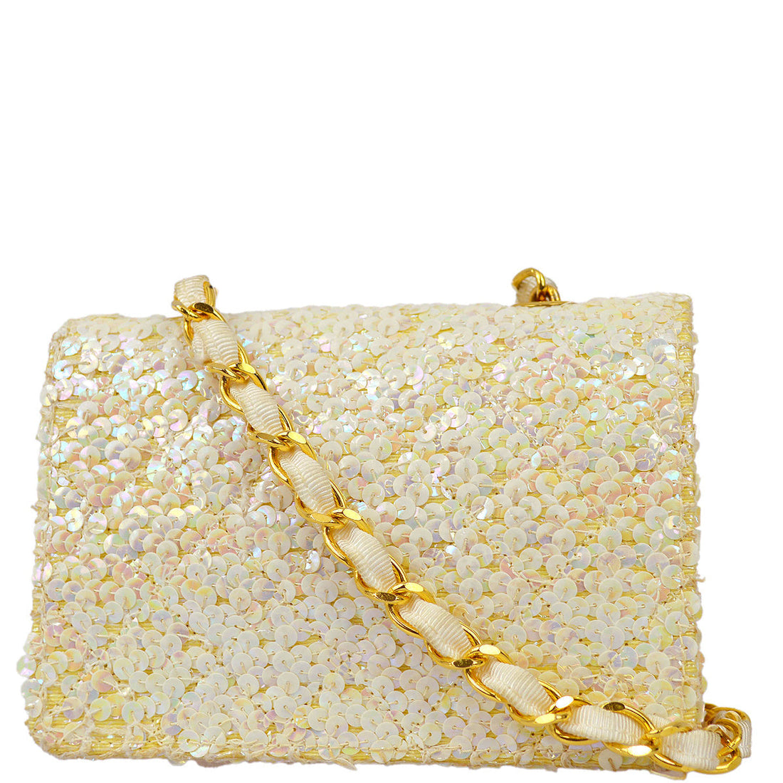 Chanel * White Sequin Straight Flap Shoulder Bag Micro