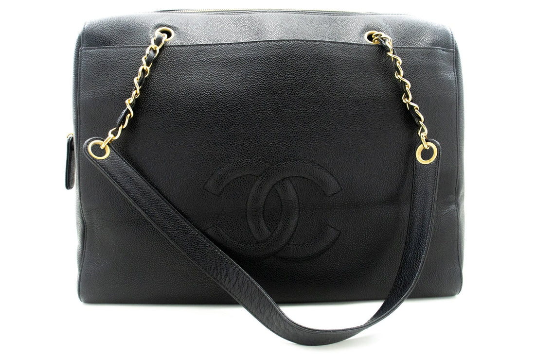 Top Quality Chanel Caviar Big Large Chain Shoulder Bag Black Leather Gold Zip
