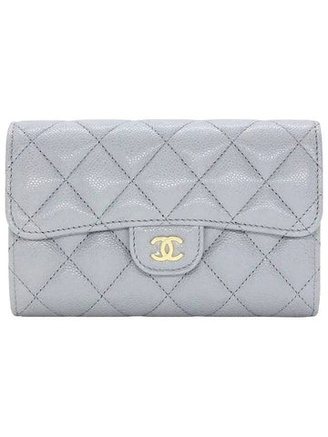 Classic Gold Logo Flap Grained Shiny CalBNkin Half Wallet Grey Chanel