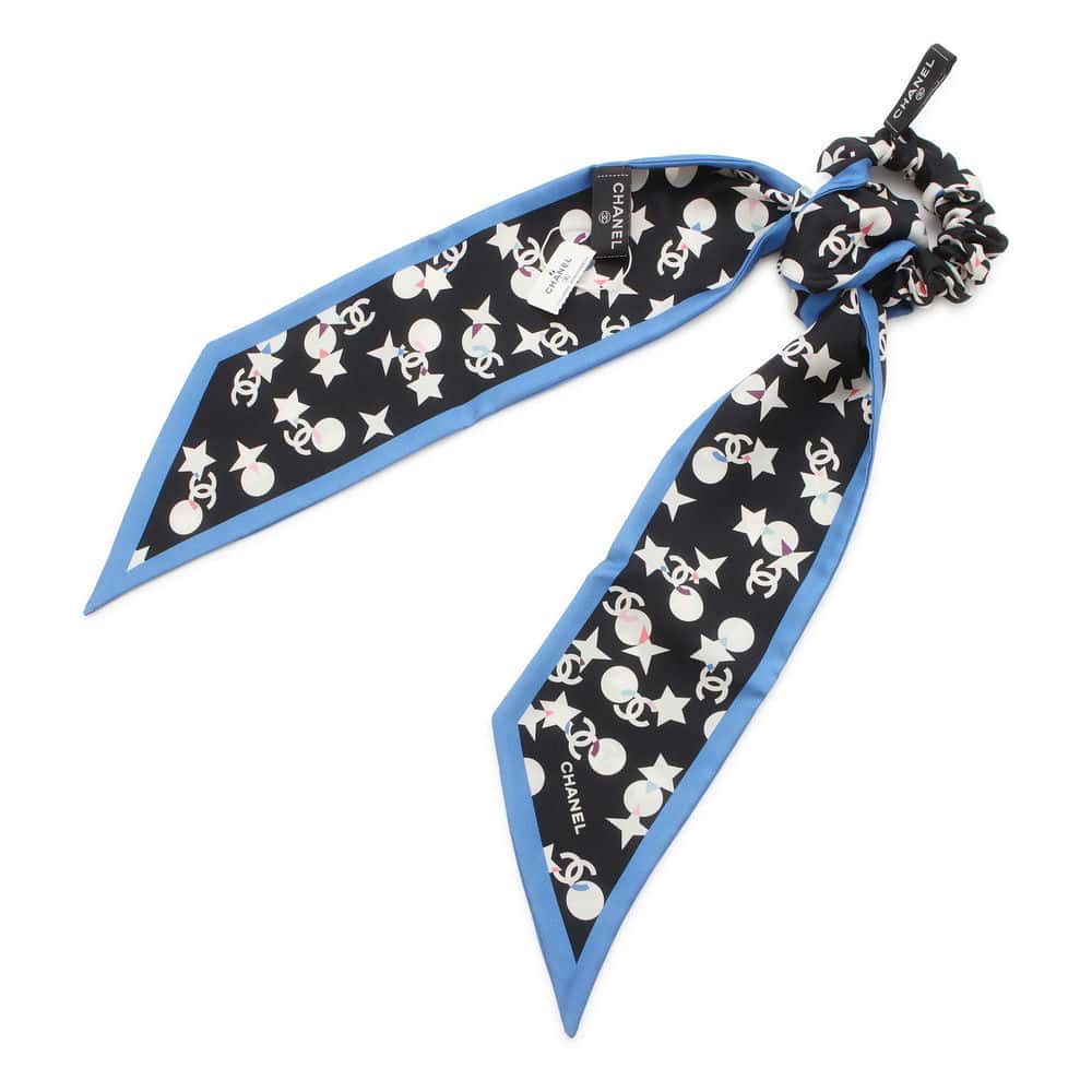 CHANEL CC Logo/Star Pattern Scrunchie Scarf Set Black/White/Blue Silk100%