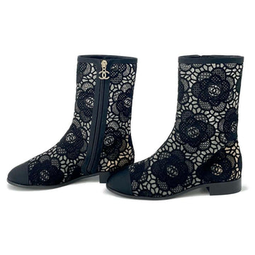 CHANEL Embroidery Grosgrain short boots BlackG45519 race Size 37C