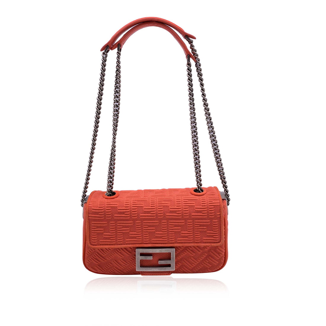 FENDI Orange Embossed Ff Logo Baguette Chain Crossbody Bag