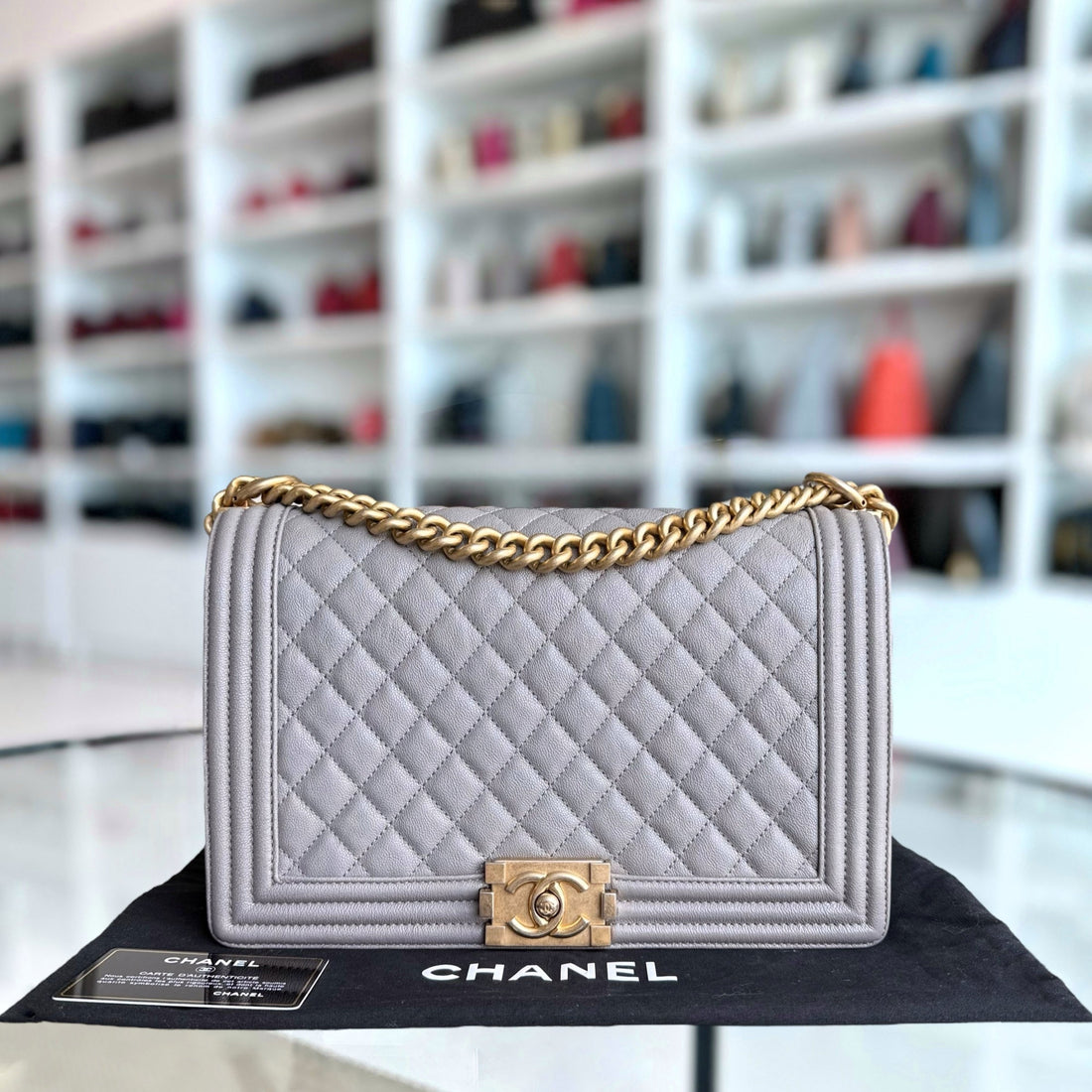 Chanel Boy Medium - Togo/epsom/caviar/clemence/callfskin/cowhide/lambskin 28CM Quilted Grey Gray Gold Hardware Series 26