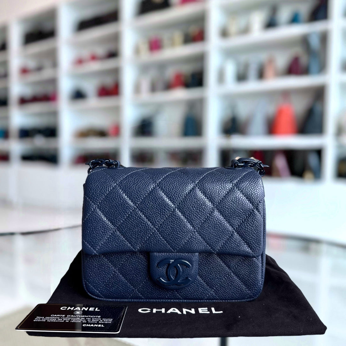 Chanel CC Flap Mini Square - Togo/epsom/caviar/clemence/callfskin/cowhide/lambskin Quilted All Blue Hardware Series 29
