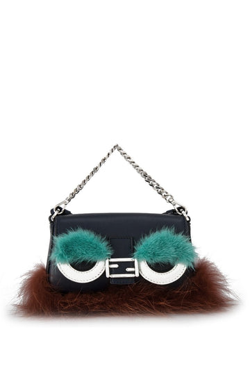 Fendi Blue Navy Calf Leather skin Bugs Mico Baguette Italy