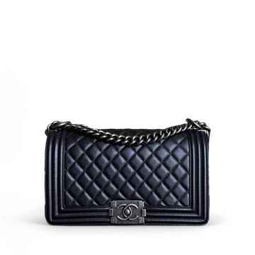 Chanel Boy Medium - Grained CalBNkin 25CM Quilted Black Ruthenium Silver Hardware Series 24