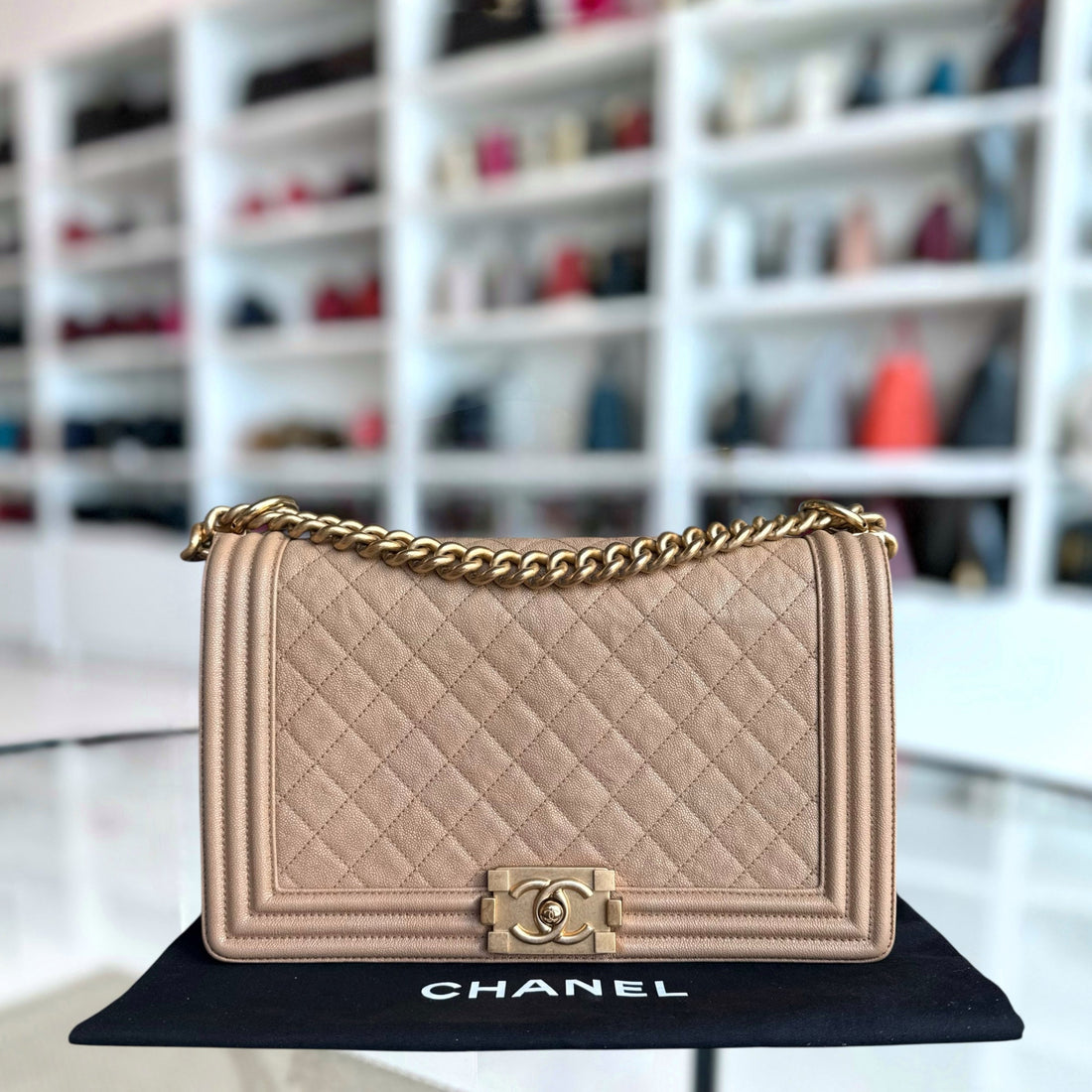 Chanel Boy New Medium - Togo/epsom/caviar/clemence/callfskin/cowhide/lambskin 28CM Quilted Beige Grained CalBNkin Gold Hardware Series 28